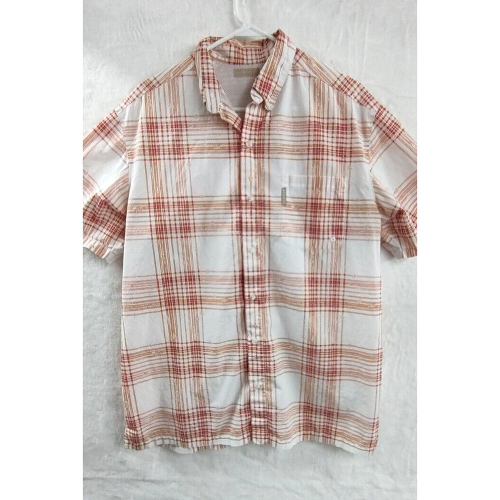 Columbia PFG Shirt Men's L Orange Peach Button Up Vented Striped Short‎ Sleeve